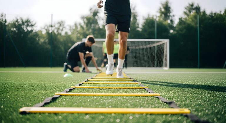 Players performing a physical conditioning drill on a speed ladder during a Sport'n Go training camp