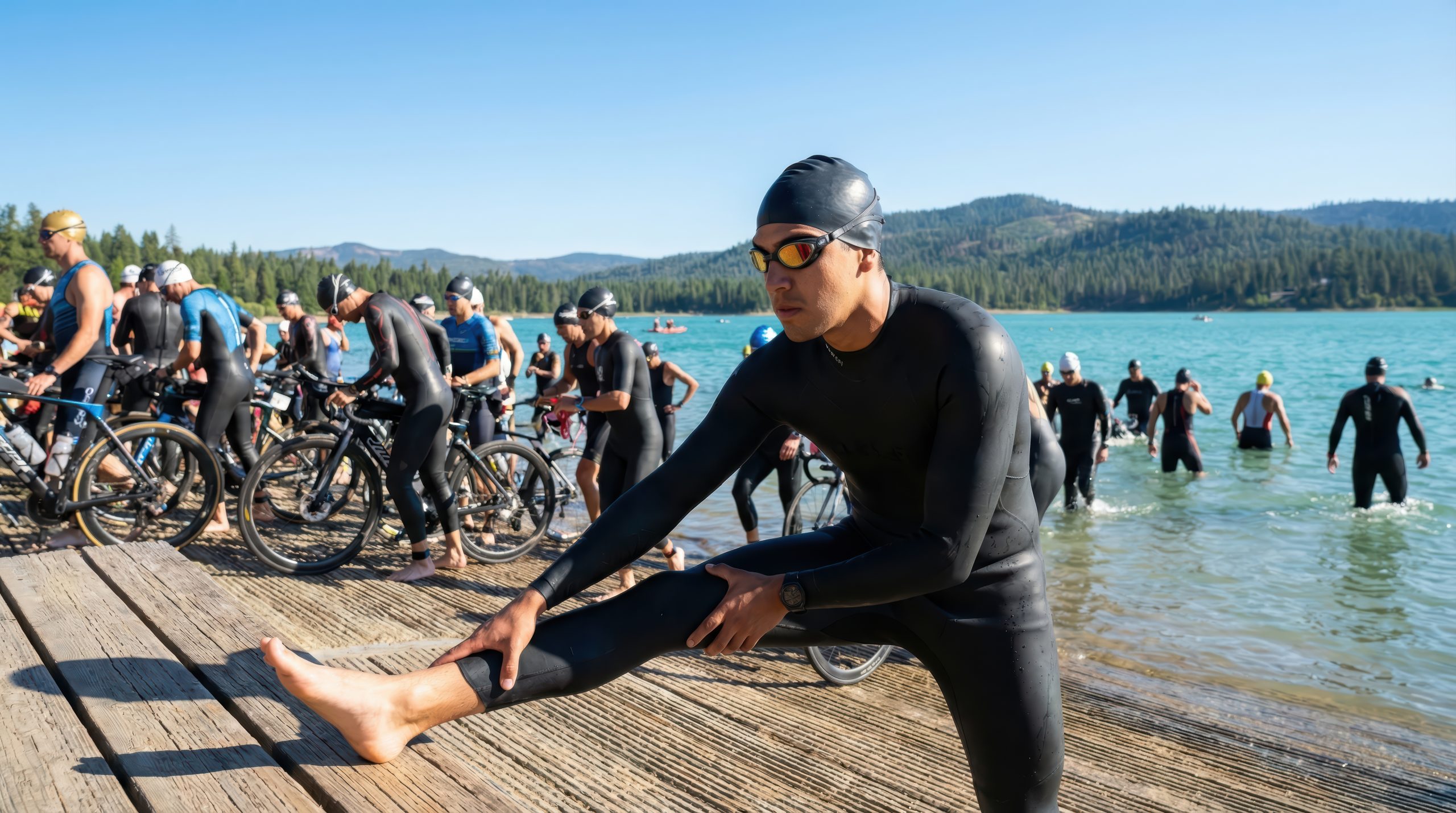 Triathlètes en préparation avant une séance de natation en eau libre lors d’un stage de triathlon SPORT'N GO