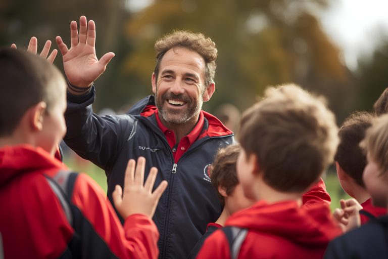 Coach encadrant de jeunes joueurs lors d'un stage sportif rugby